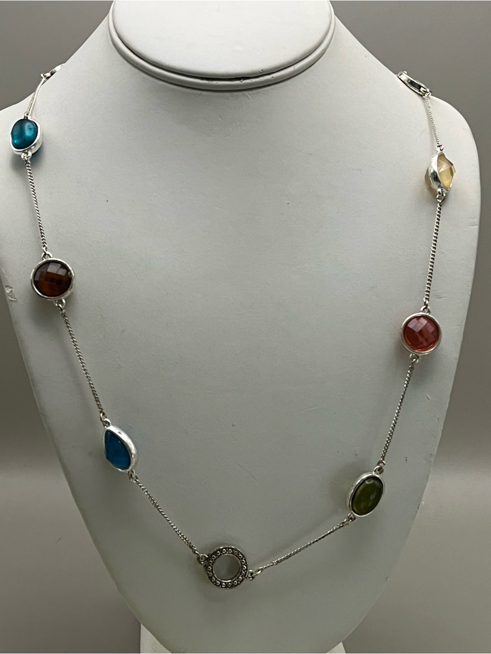 Multi-Color Gemstone Station Silver Necklace